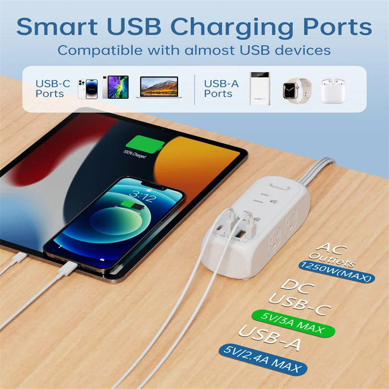 Surge Protector Power Strip US Plug 6 Outlets 2 USB A and 2 USB C With 1.5M Extension Cord Electrical Socket Wall For Travel