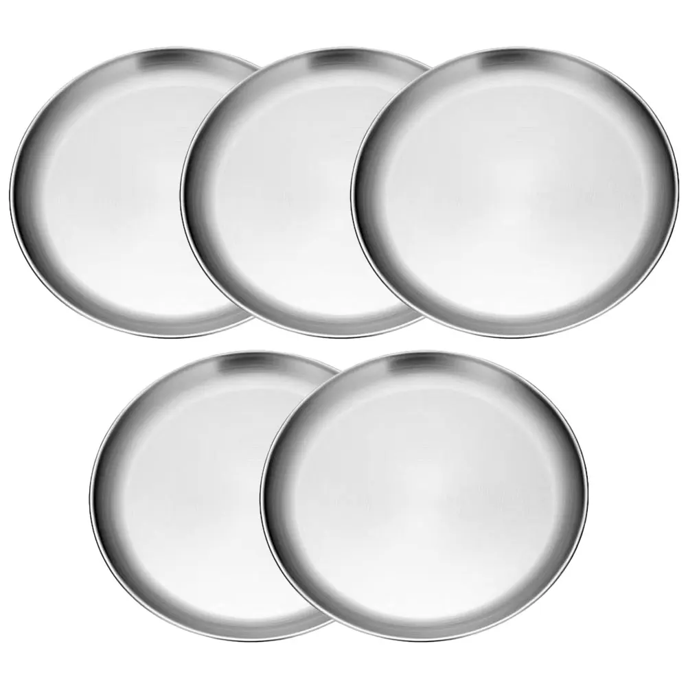 

5pcs 20cm Silver Stainless Steel Pizza Plates Reusable Food Tray Easy Clean Kitchen Accessories Multi Function Serving