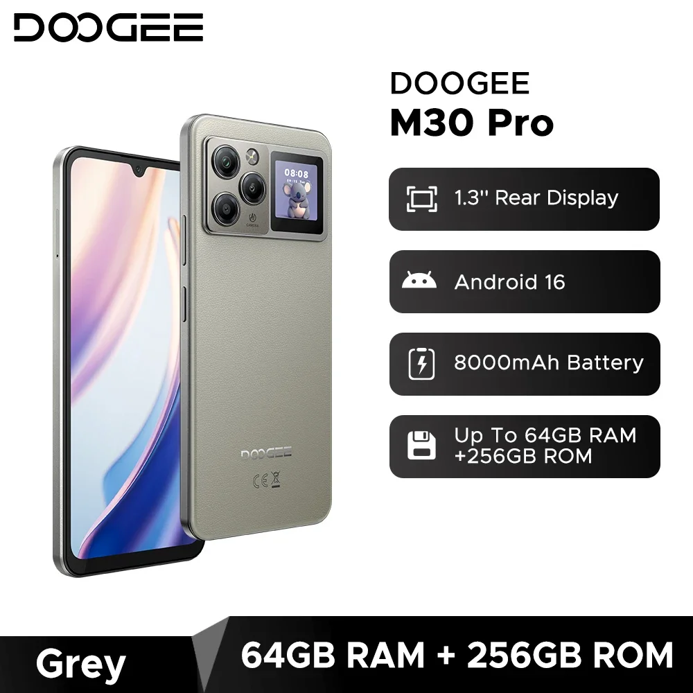 DOOGEE Aorlym P13ProAndroid16 color：Gray Global Version DOOGEE M30 Pro Android 16 Smartphone 1.3'' Rear