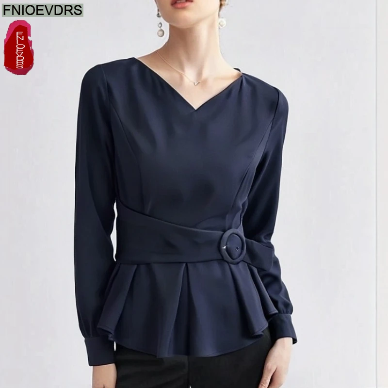 우아한 퍼플 탑 블라우스 새해 패션 여성 오피스룩 솔리드 긴팔 V넥 슬림 웨이스트 벨트 레이스업 베이직 셔츠