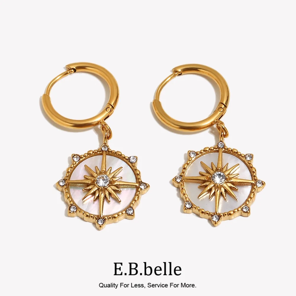 E.B.belle Pendientes de acero inoxidable con dije de estrella de nácar Natural, diamantes de imitación chapados en oro de 18 quilates, accesorios brillantes para fiesta para niñas