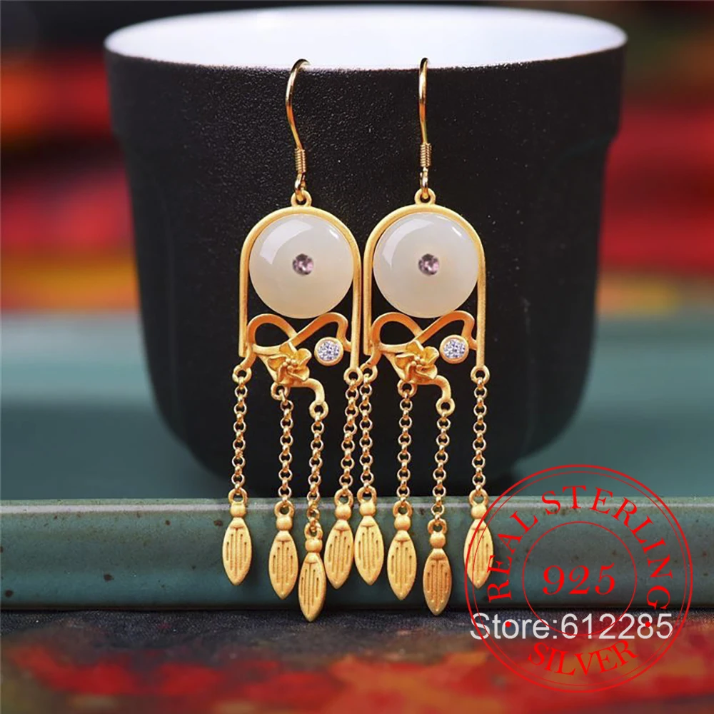 

Ювелирные изделия из стерлингового серебра 925 пробы, длинные серьги-подвески с натуральным нефритом для женщин, ювелирные изделия для свадебной вечеринки, подарок для подруги