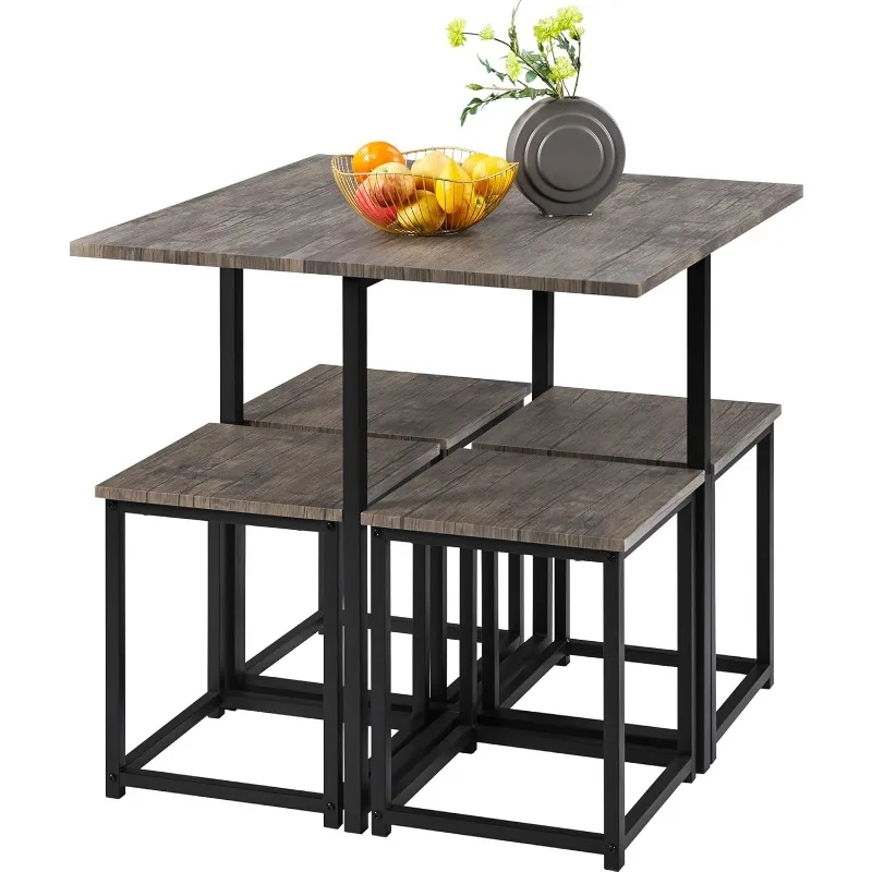 

5-Piece Dining Table Set - Industrial Kitchen & Chairs Sets for 4 Compact with Stools Space-Saving Design Apartment