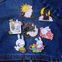 Cute Reading Bathing Taking Photos Sleeping Bunny Enamel Pins Sun And Moon Hug Rabbit Brooches For Bag Backpack Jewelry Gift