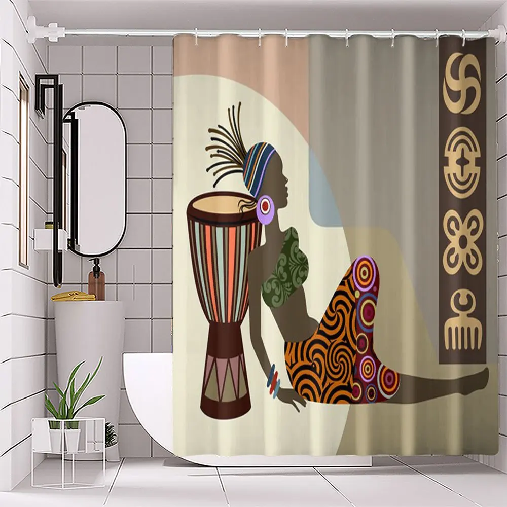 

African Woman with Drum Shower Curtain, Ethnic Tribal Art, Colorful Pattern, Modern Bathroom Decor, Waterproof Fabric