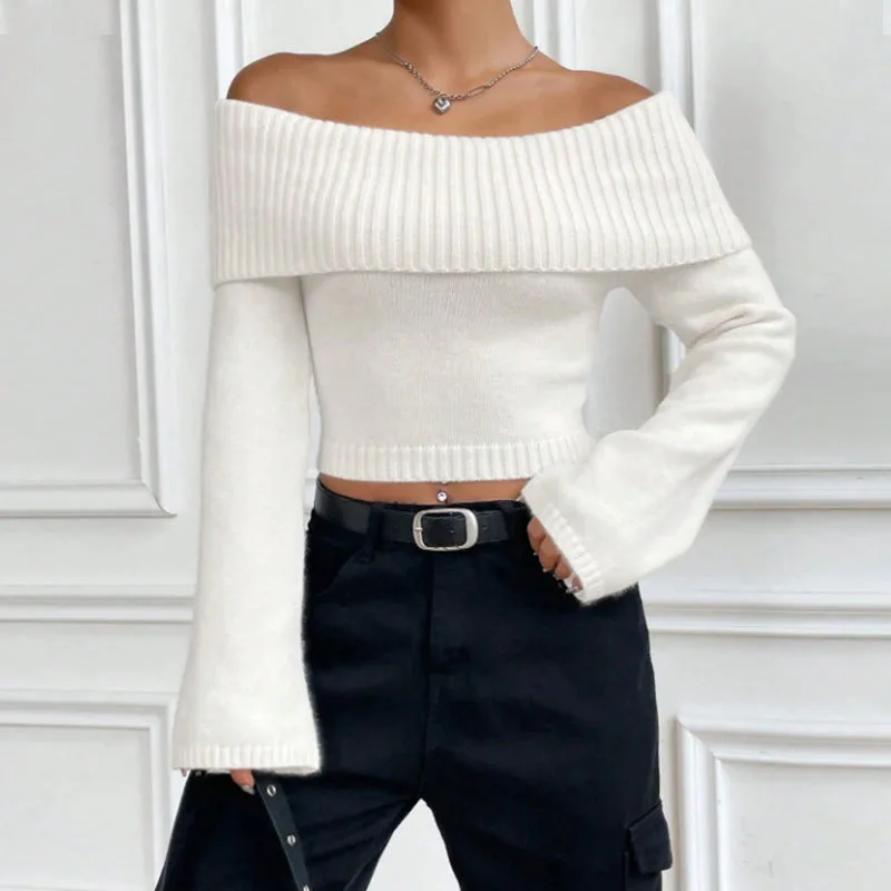 Fashion Women's Off Shoulder Collar Long Sleeve Pullover Sweater Flare Sleeve Slim Elegant Versatile Casual Daily Wear Knit Top