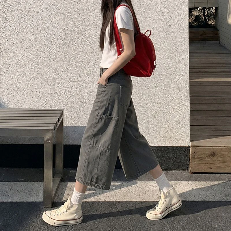 ZHISILAO New Vintage Cargo Jeans Women Pocket Calf-length Denim Pants Streetwear Summer 2026 Streetwear