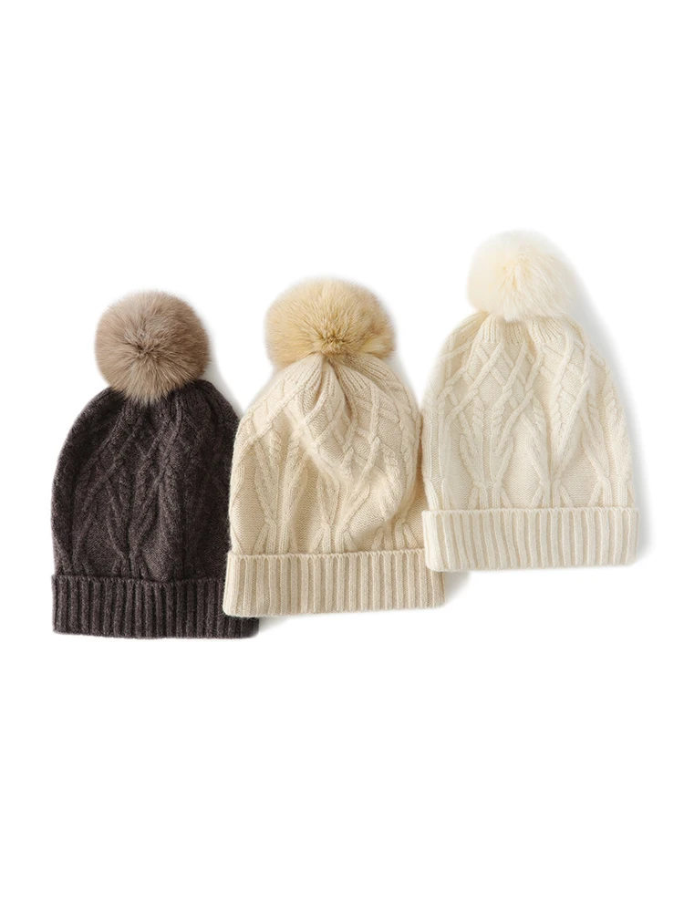 Autumn Winter Women 100% Pure Cashmere Hat Soild Twist Flower Jacquard Retro Thick Warm Knit Hat Versatile Soft Comfort High-end