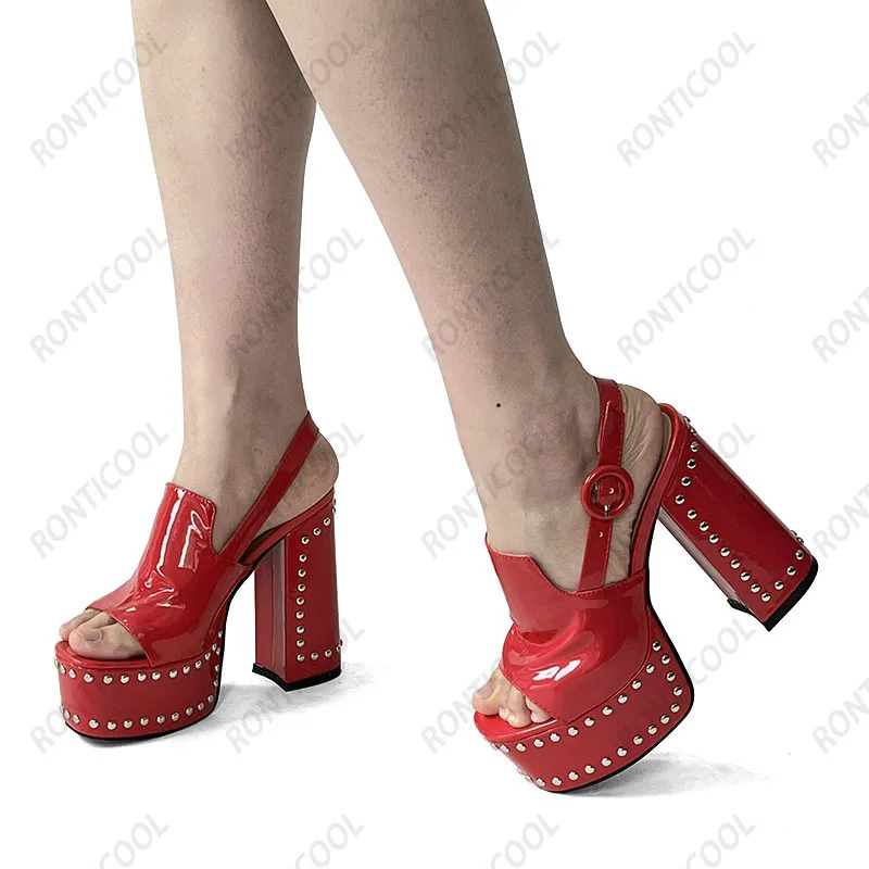 

Ronticool Handmade Women Summer Sandals Sexy Rivets Chunky Heels Square Toe Beautiful Blue Black Party Shoes US Size 4-10