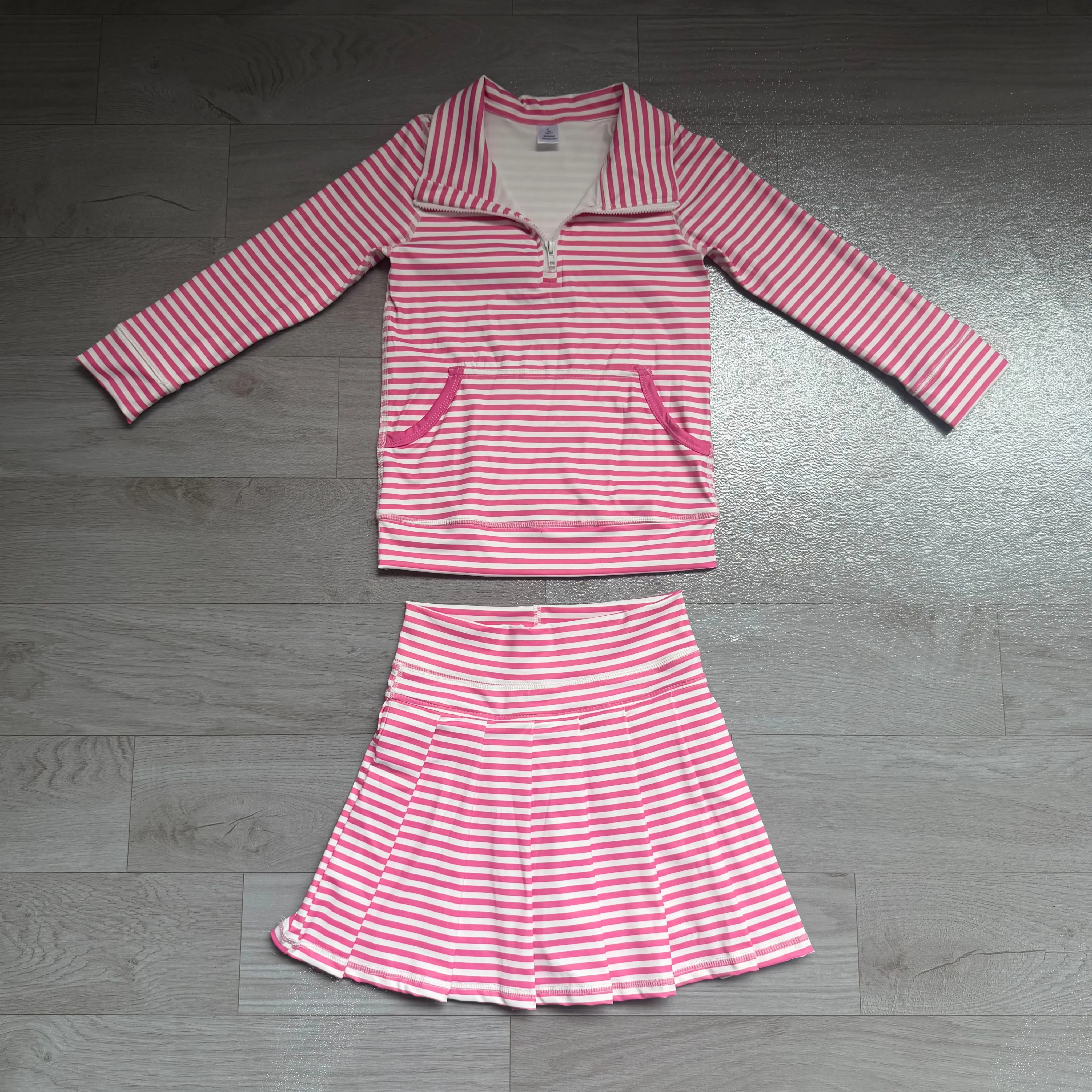 Wholesale Toddler Long Sleeve Zipper Shirt Stripes Skirt Shorts Kids Pink Set Athletic Baby Girl Yoga Active Breathable Clothing