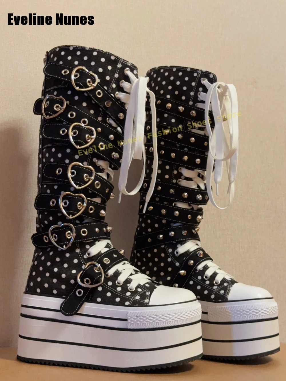 Polka Dot Rivet Platform Canvas Boots Round Toe Thick Sole Cross Tied Love Shaped Buckle Women Knee High Boots Y2K Cosplay Shoes