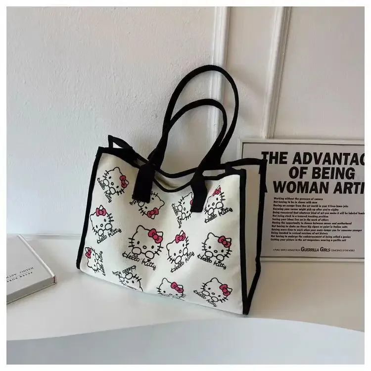 Hello Kitty Handheld Tote Bag Cartoon Printed KT Cat Shoulder Bag Canvas Large Capacity Commuter Bag For Women Travel FB11L