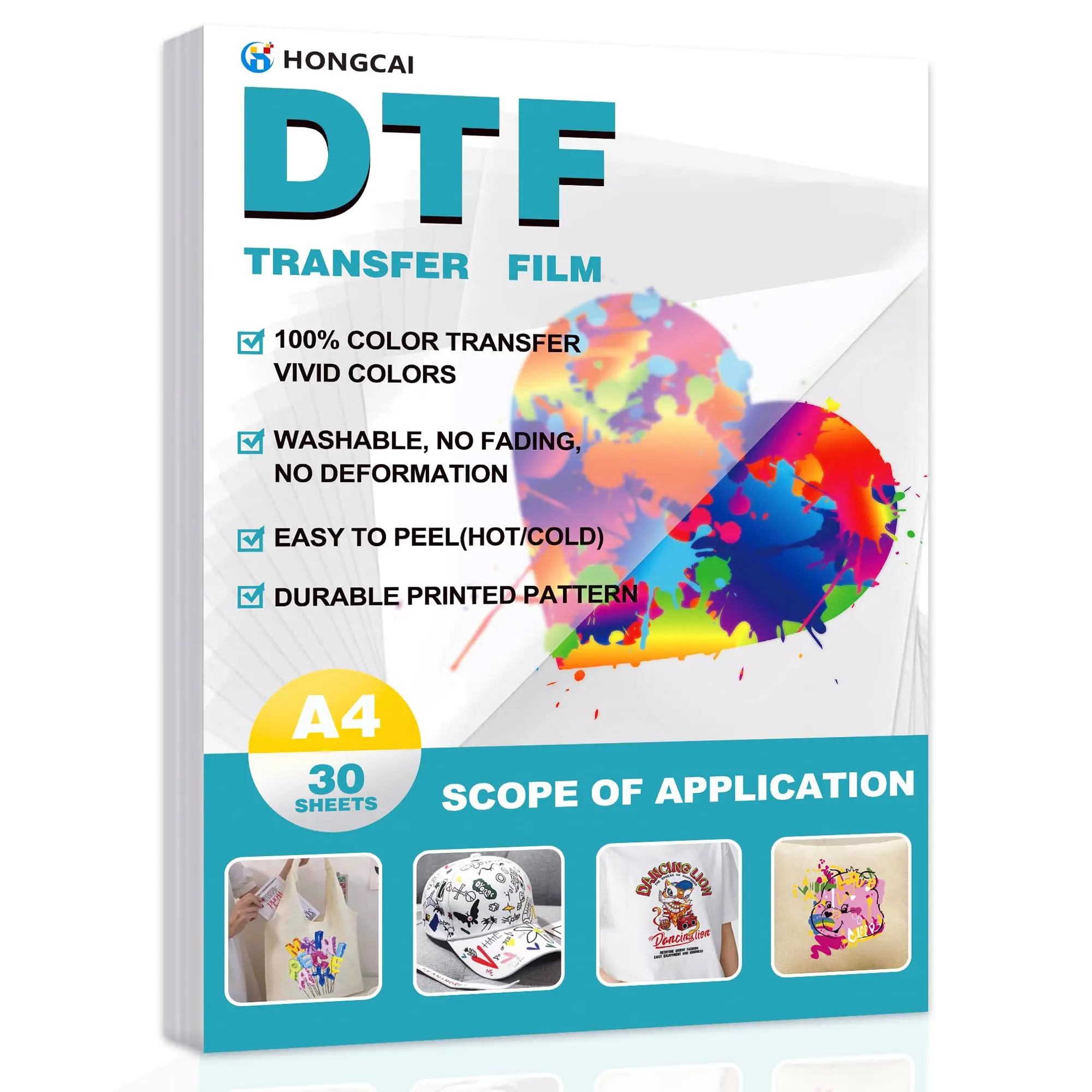 HONGCAI 30 sheets A4 DTF Transfer film  (8.3‘ x 11.7’) double-sided Matte pre-treated PET heat transfer paper, cold and hot peel, suitable for DTF inkjet printer, Direct Printing on T-Shirt and Fabrics