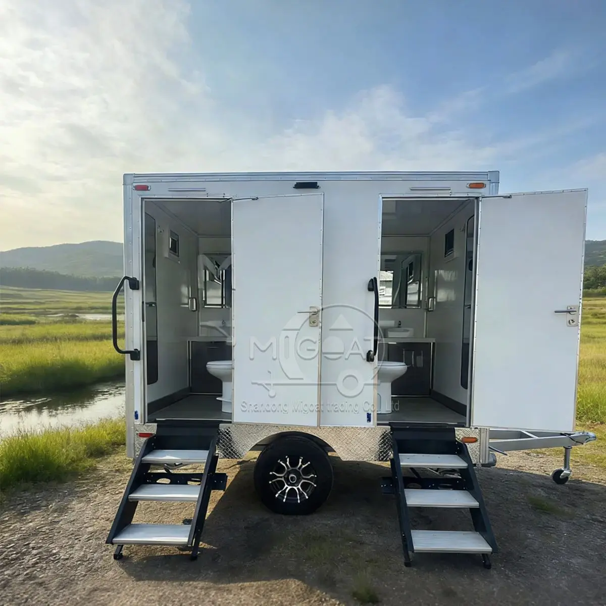 Luxury 2-Stall Portable Restroom Trailer with Shower And Sink Mobile Toilet for Outdoor Events Construction Sites And Wedding