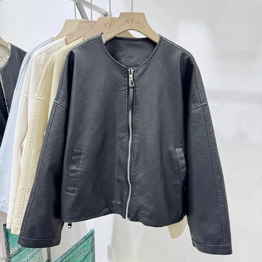 المرأة أزياء الربيع/الخريف سترة بولي يوريثان الرجعية جولة الرقبة طويلة الأكمام مطاطا هيم سستة سترة جلدية وهمية الإناث