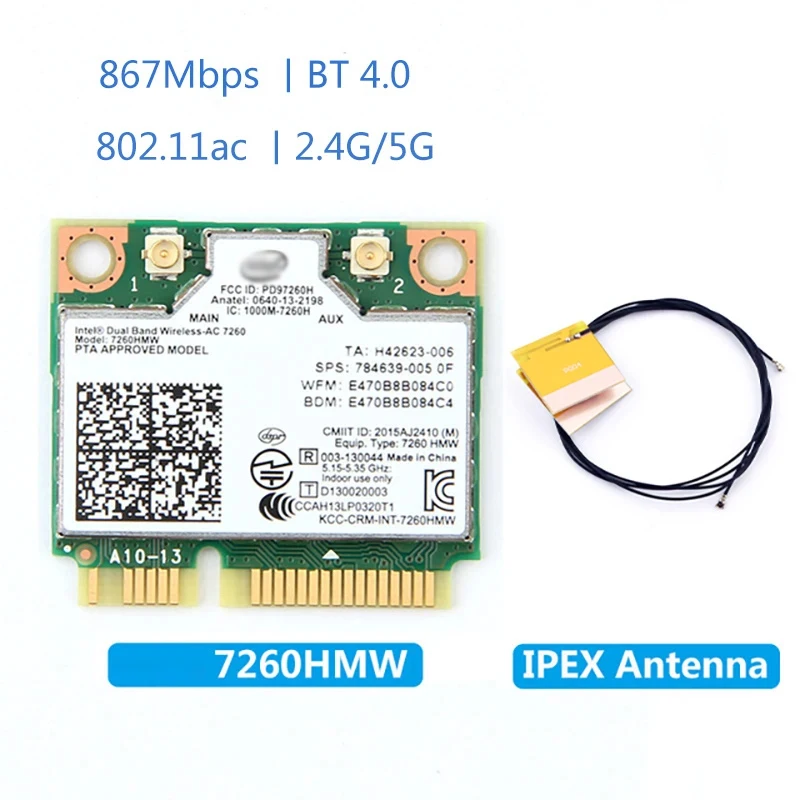 Wireless 7260HMW Mini PCI-E Card For AC7260 Dual Band 867Mbps 802.11ac 2.4G/5G Bluetooth 4.0 + 2x U.FL IPEX Antenna