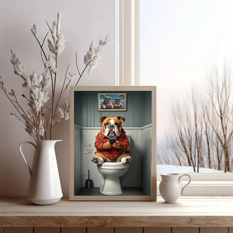 Unframe Bulldog on Toilet with Smartphone Wall Art Poster Canvas Print Picture for Room Toilet Home Decoration