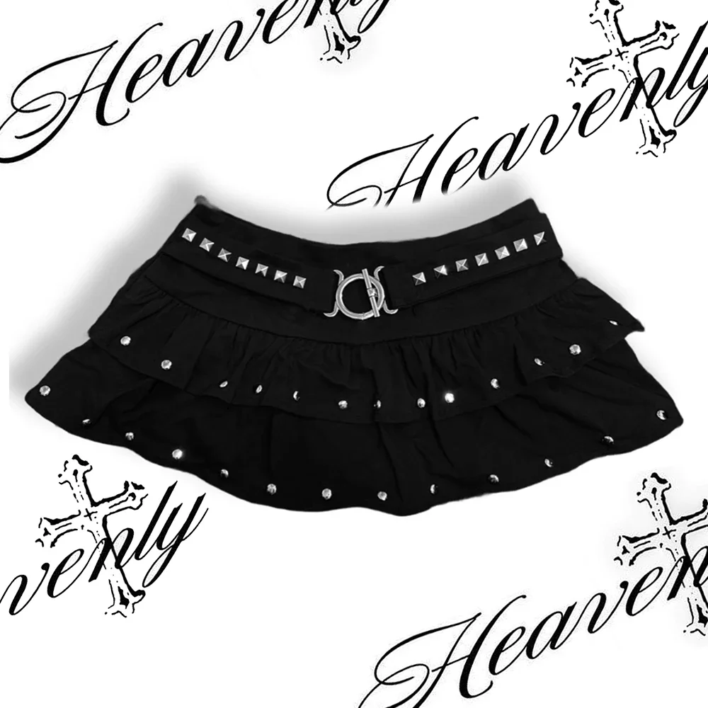 Young Ladies Punk Gothic Micro Skirt Layered Ruffle Belted Mini Skirt Rivet Decor A Line Bottoms Street Club Outfit