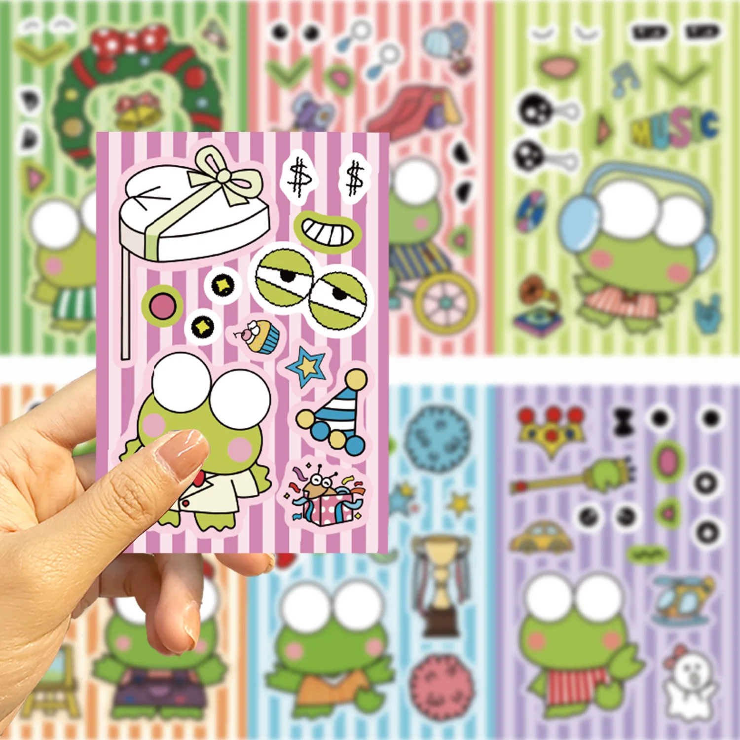 8/16Sheets Cute Sanrio Kero Kero Keroppi Anime Puzzle Sticker DIY Make-a-Face Assemble Cartoon Decal Jigsaw Fun for Children Toy