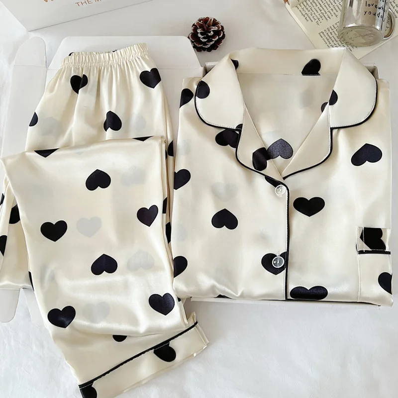 

New Spring/Autumn Ice Silk Nightwear Women's Heart Print High-End Long-Sleeved Long-Pants Nightwear Homewear Set Actual Photo