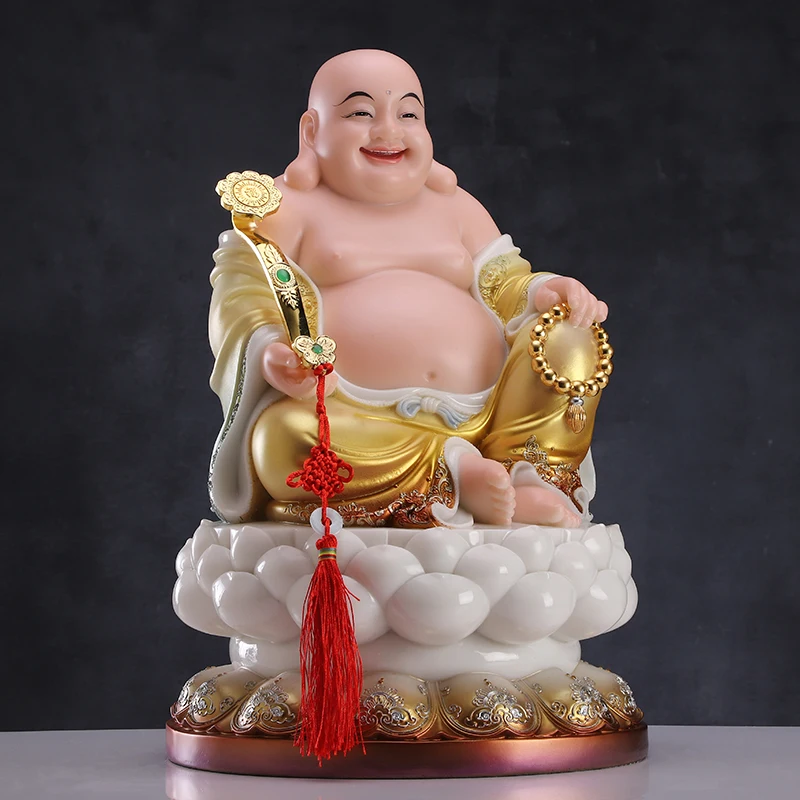 30 سنتيمتر آسيا عالية الجودة متجر المنزل تعويذة التميمة الحصول على المال الغني إله الثروة CAI شين مايتريا بوذا اليشم التذهيب النحت