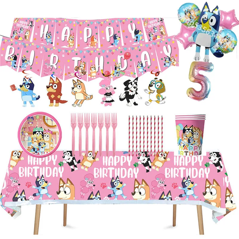 Pink Tableware Birthday Party Decor Cartoon Bluey Bingoes Cups Napkins Tablecloth Balloons Birthday Party Shower Supplies