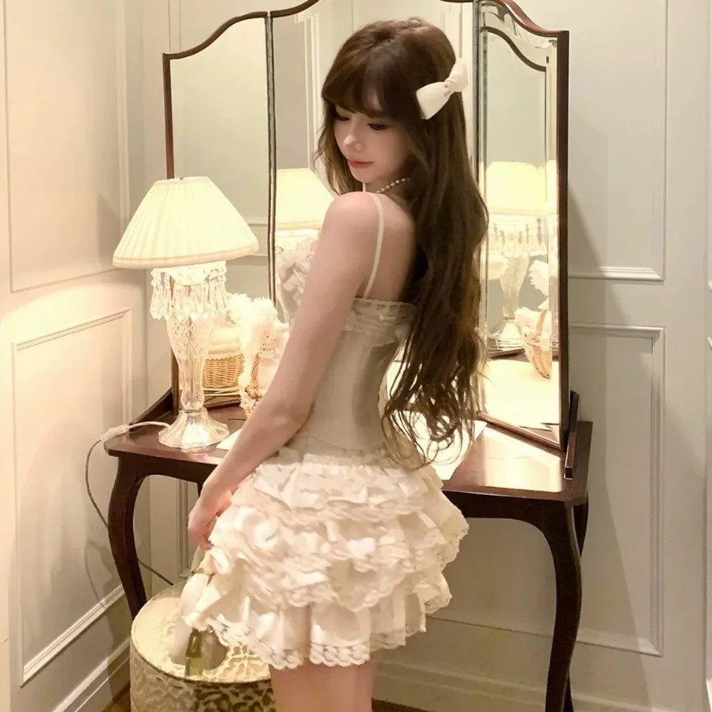 Top Sem Mangas com Laço e Renda, Conjunto de Saia Curta com Babados, Roupa Sexy, Saia Floral, Moda de Rua