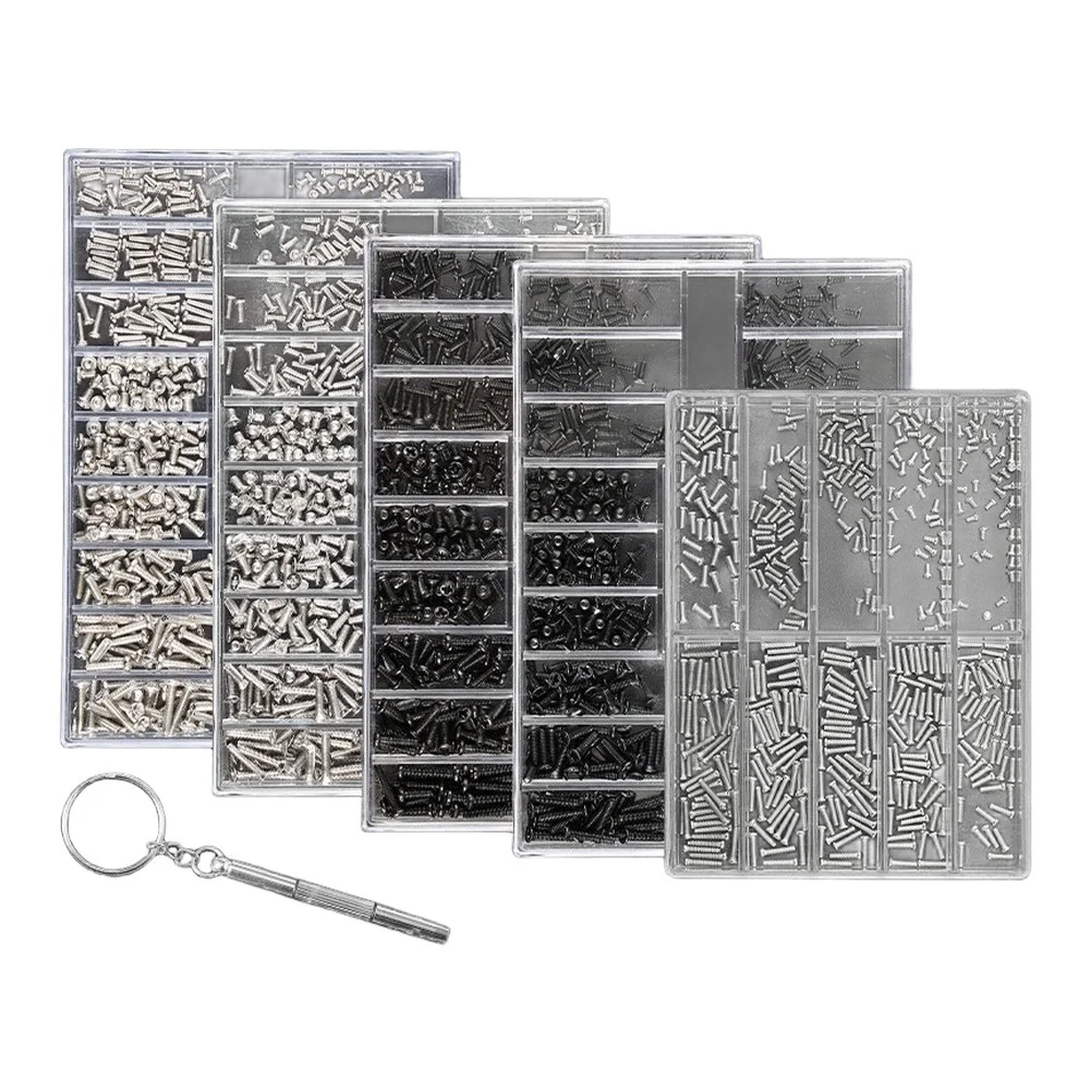 500pcs Miniature Stainless Steel Screws for Watch Cover Glasses Repair with Transparent Box and Precision Tools