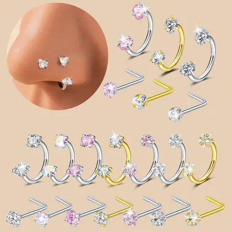 6/2pcs Horseshoe Nose Rings With L-Shape Nose Stud, Stainless Steel Rianbow CZ Nose Ring,, Lip Eyebrow Helix Ear Piercing