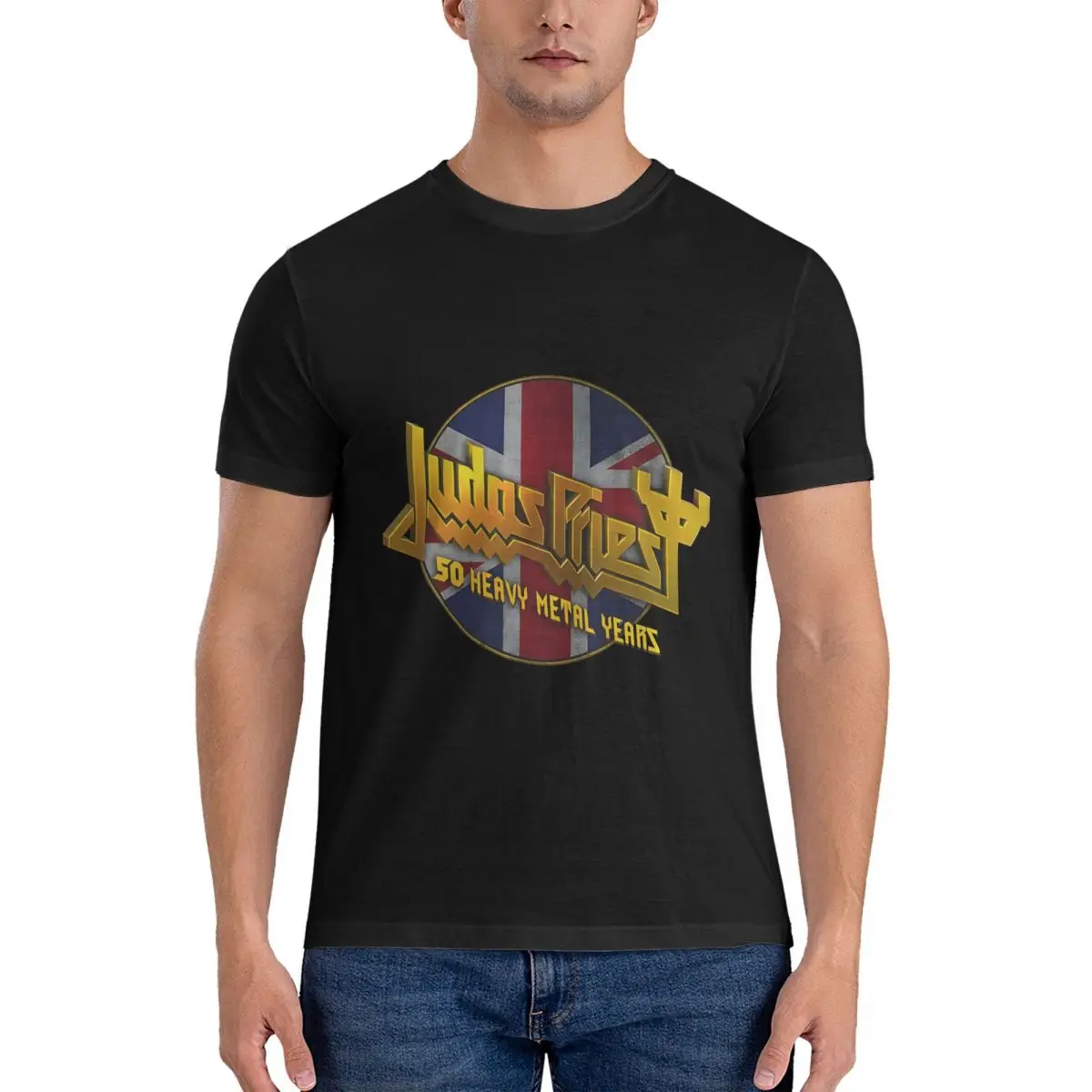 50 Years Union Jack Circle T-Shirt for Men Judas Priest Leisure 100% Cotton Tee Shirt Round Collar Short Sleeve T Shirts Clothes