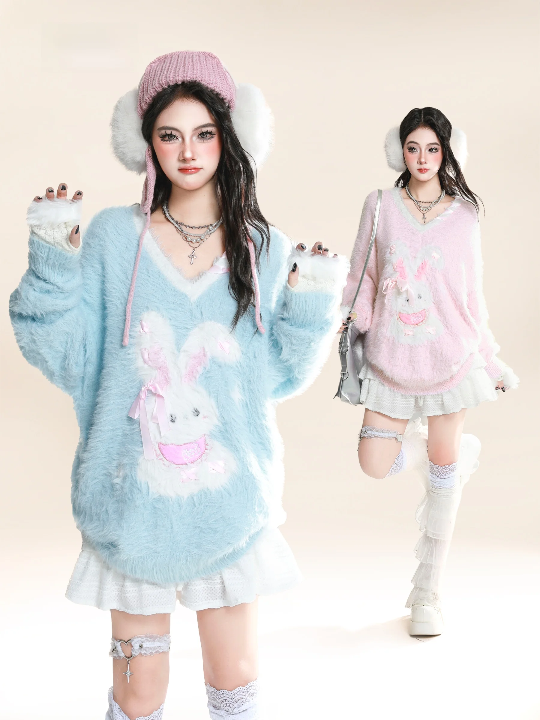 

HM Sweet Korean Sle Faux Fur Rabbit Cartoon V-Ne Knitted Sweater Women's Loose Fit Autumn Winter Knitwear Top