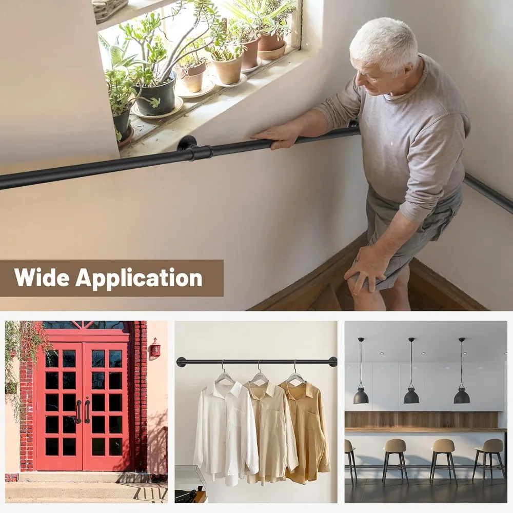 درابزين الدرج الصناعي المثبت على الحائط، بطول 10 أقدام، 1.3 متر للسلالم الداخلية، فولاذ مجلفن أسود، قضبان إمساك آمنة