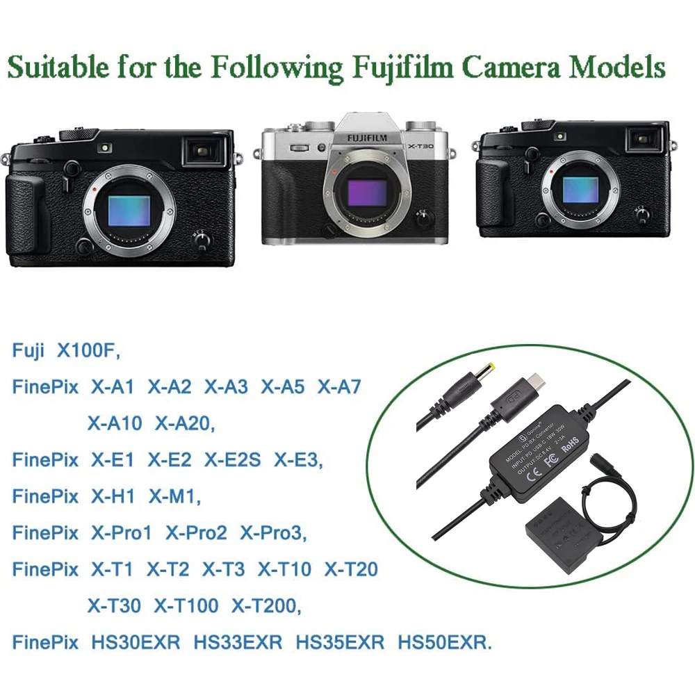 Konwerter USB-C PD + CP-W126 łącznik DC NP-W126 imitacja baterii dla Fujifilm X100F X100V X-Pro3 X-E3 X-A5 X-T3 X-T20 kamery X-T100
