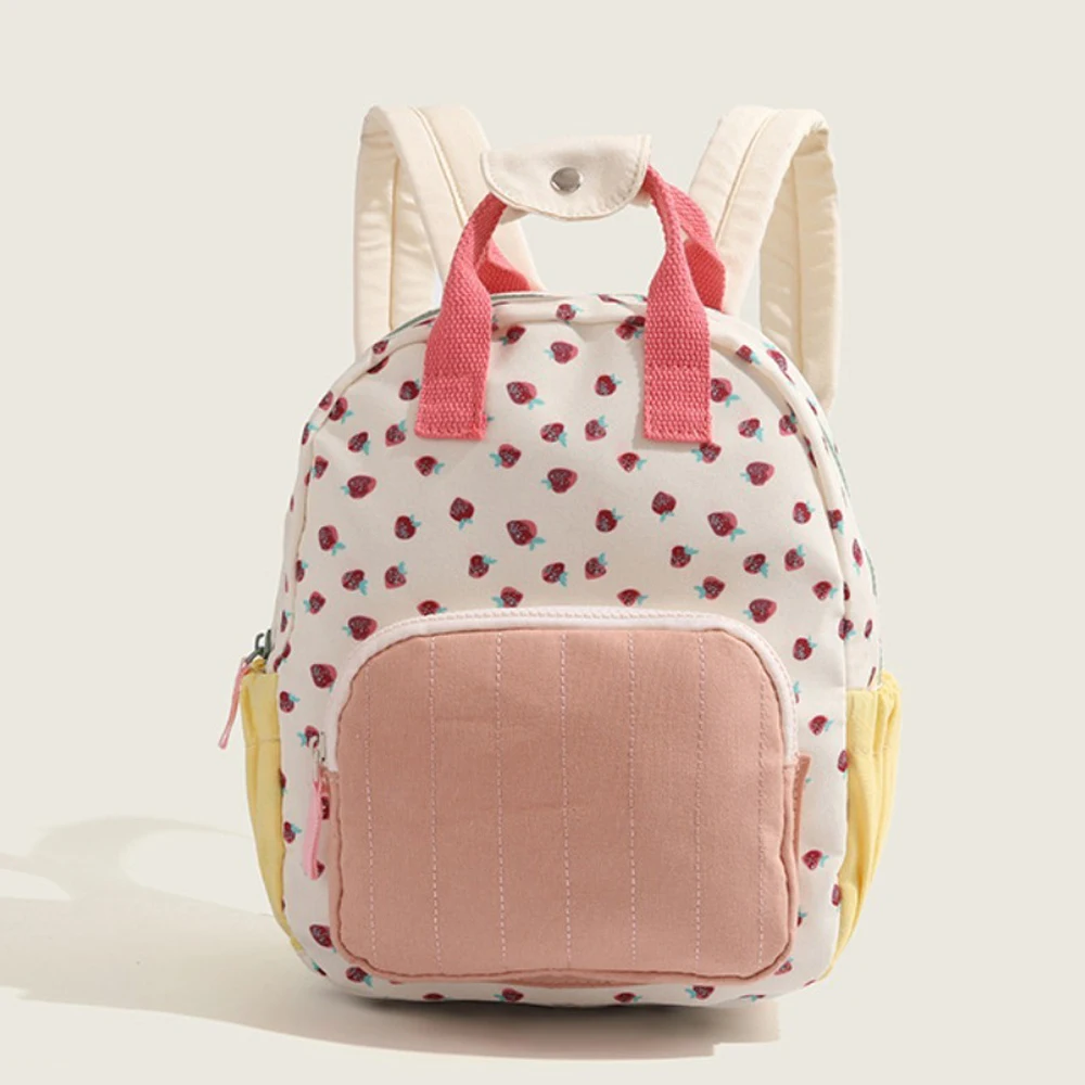 New Canvas Strawberry Print Girls Backpack Dopamine Patchwork Color Block Commuter Shoulder Bag