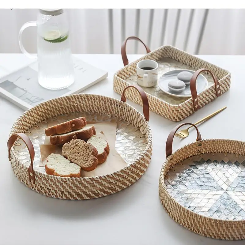 

Rattan Storage Basket Handmade Tray Light Luxury Leather Binaural Fruit Bread Round Decorative