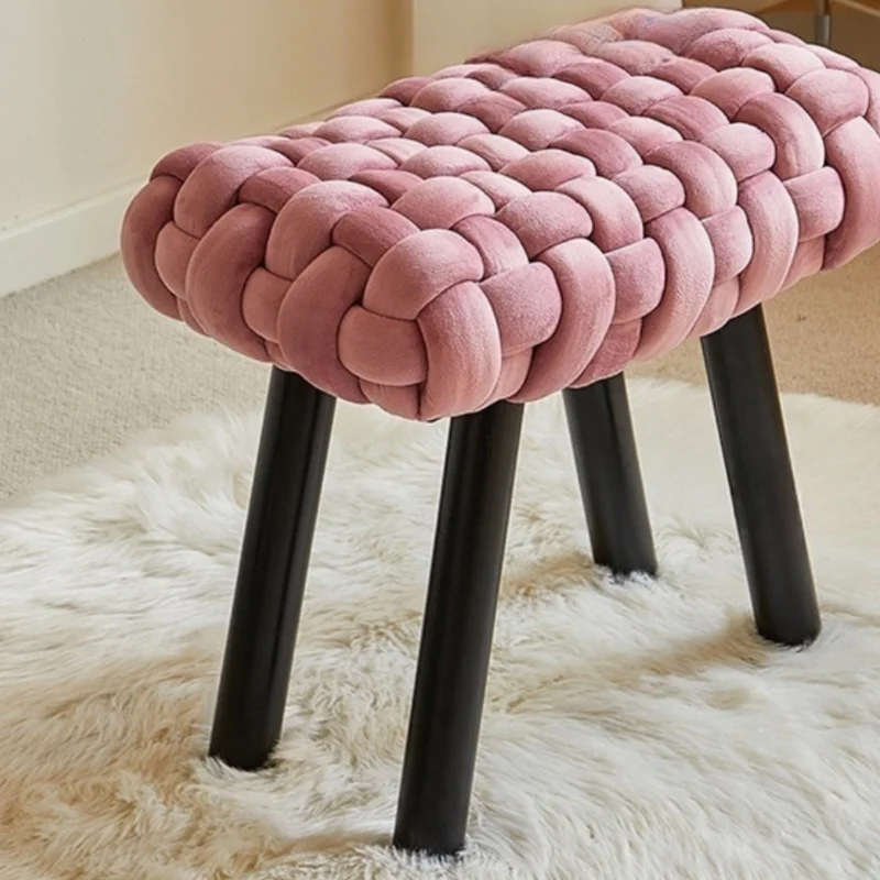 #￥Makeup Stool Nordic Solid Wood Dressing Stool for Bedroom Fabric Upholstered Soft Cushioned Chair