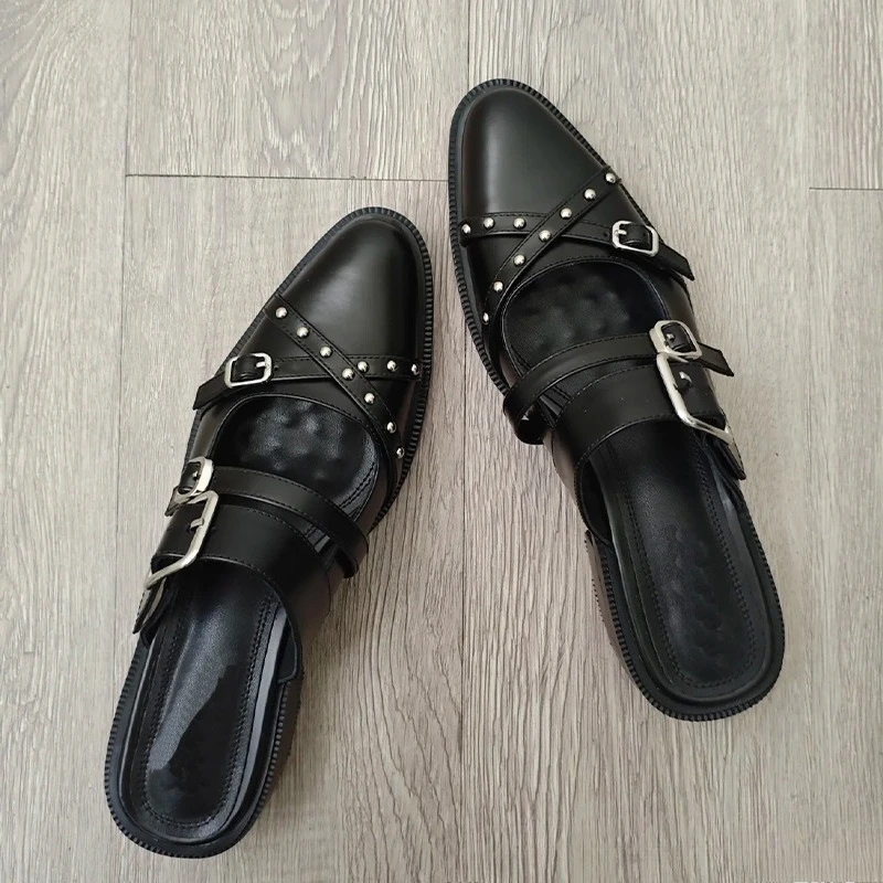 

High Quality Retro Womens Slippers Rivet Shallow Mouth Mary Jane Shoes for Women One-word Buckle Square Heel Black Leather Shoes