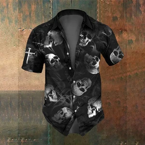 Herrenhemd mit Skull Horror Print, Kurzarm, Kreuzstandard, Extragrade Top, Straßentrend, religiöser Glaube, Sommer, Größe S-5xl 8 Hauptverkäufe Crene Clothing - №4