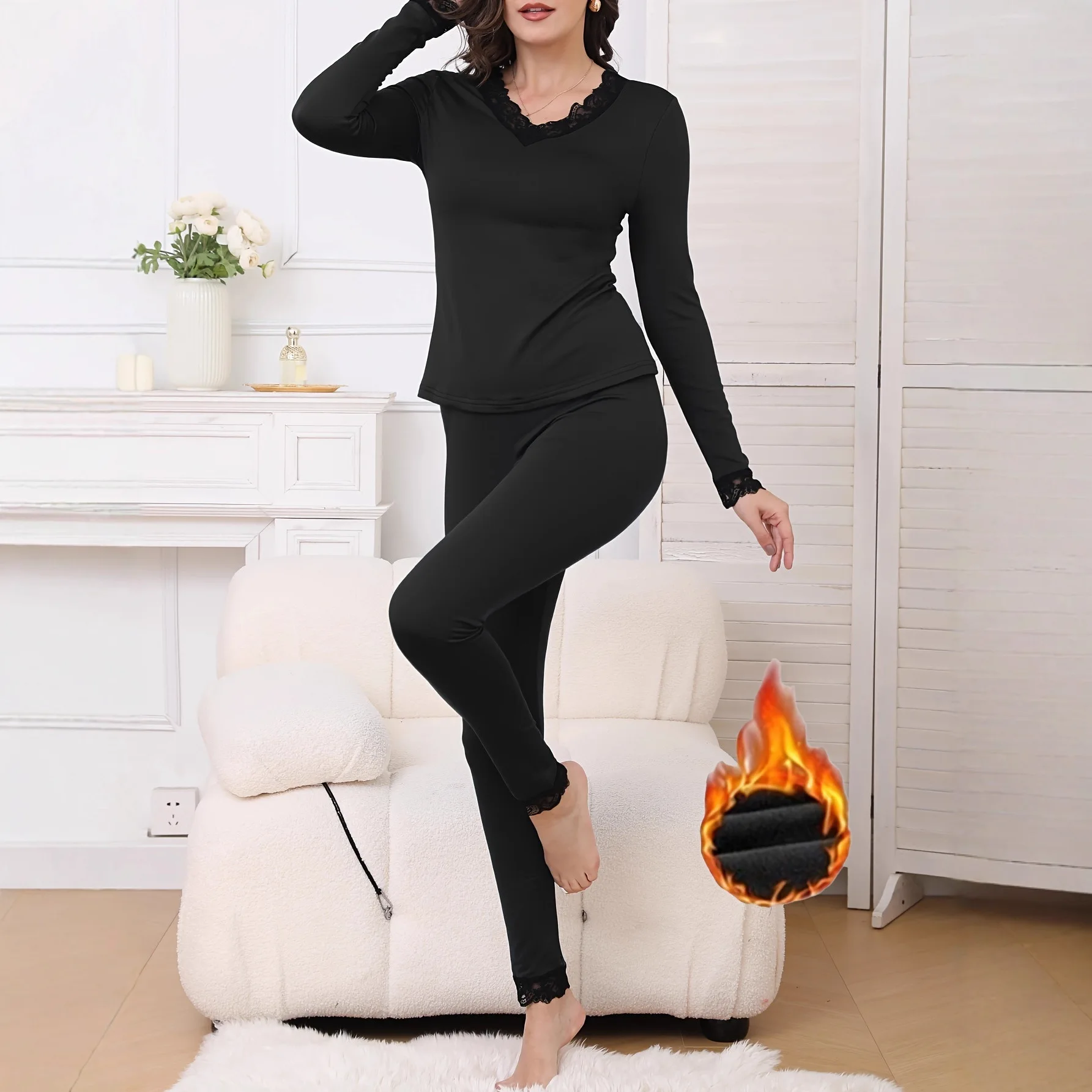 Ensemble de sous-vêtements thermiques pour femmes, coupe cintrée, à la mode, automne hiver, couche de Base chaude, chemise et pantalon, Ensemble transfrontalier