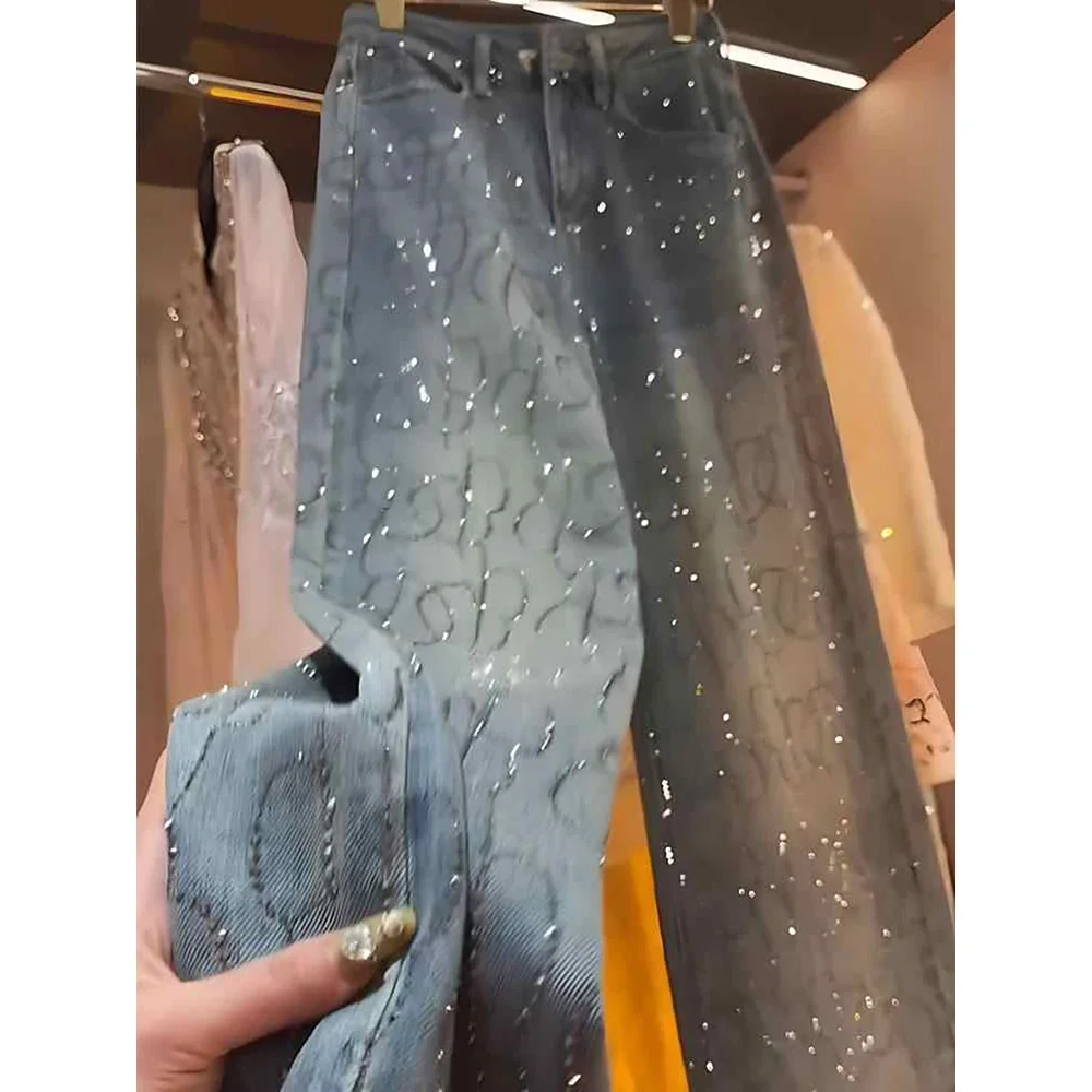 Jeans Berlian Wanita 2025 Celana Kaki Lebar Paku Keling Berkilau Trendi Musim Semi Musim Gugur Celana Denim Longgar Lurus Wanita