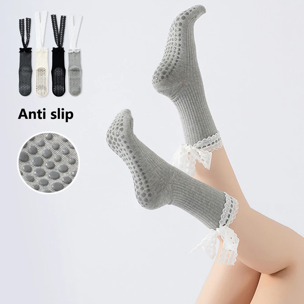 Sweety Lace-edge Straps Yoga Pilates Socks for Women Non-slip Floor Sports Calf Socks Fashion All-match Trend Socks