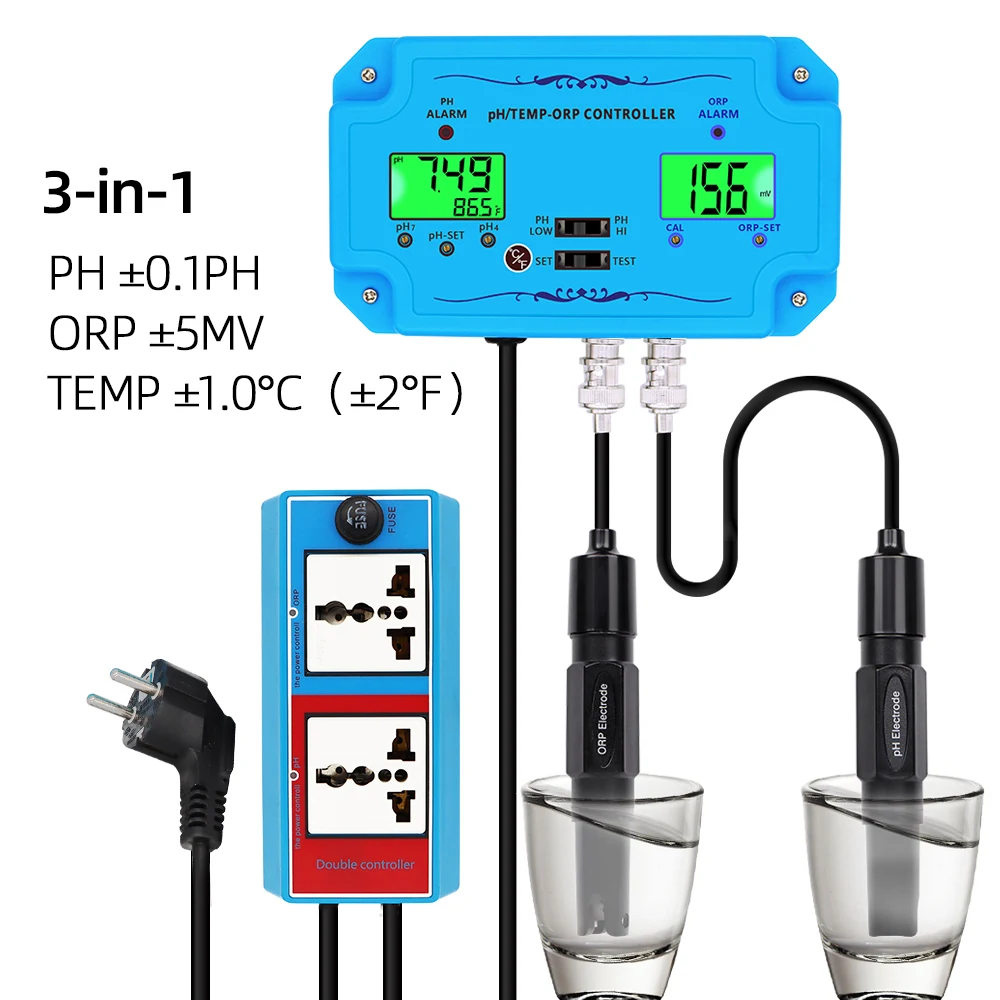 Controlador de medidor de temperatura de PH ORP 3 en 1, Detector de PH-2839, sonda tipo BNC, probador de calidad del agua para piscinas de acuario