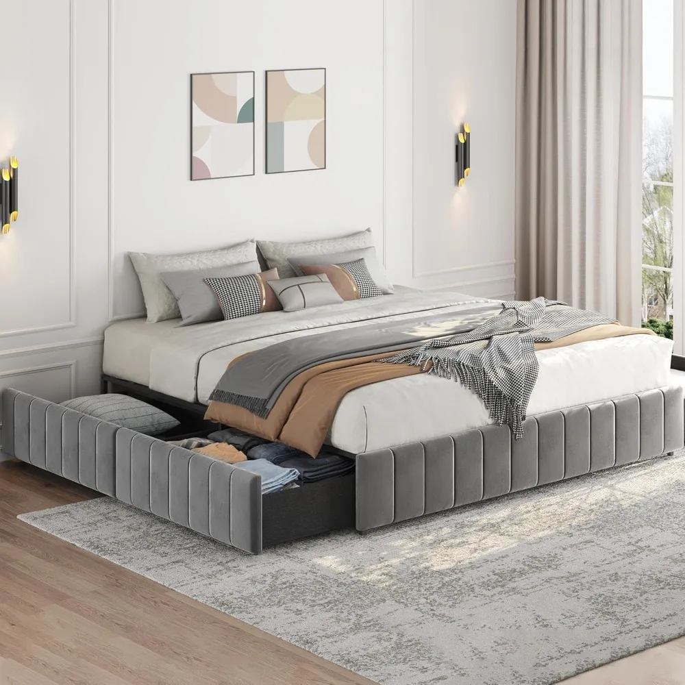 

YaheetechFull/Queen/King optional Bed Frame Upholstered Platform Bed with 4 Storage Drawers, Large Storage Space/Strong Wooden