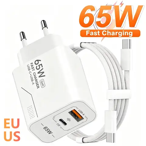 65W GaN USB C Charger 2-Port Fast Charging Phone Charger Power Adapter For iPhone Samsung Xiaomi Type C EU/US Plug Wall Charger