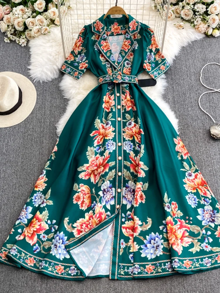 Robe de soirée longue imprimée vintage pour femmes, robe à revers, manches longues, simple boutonnage, robe trapèze élégante, chemise à col en V pour dames