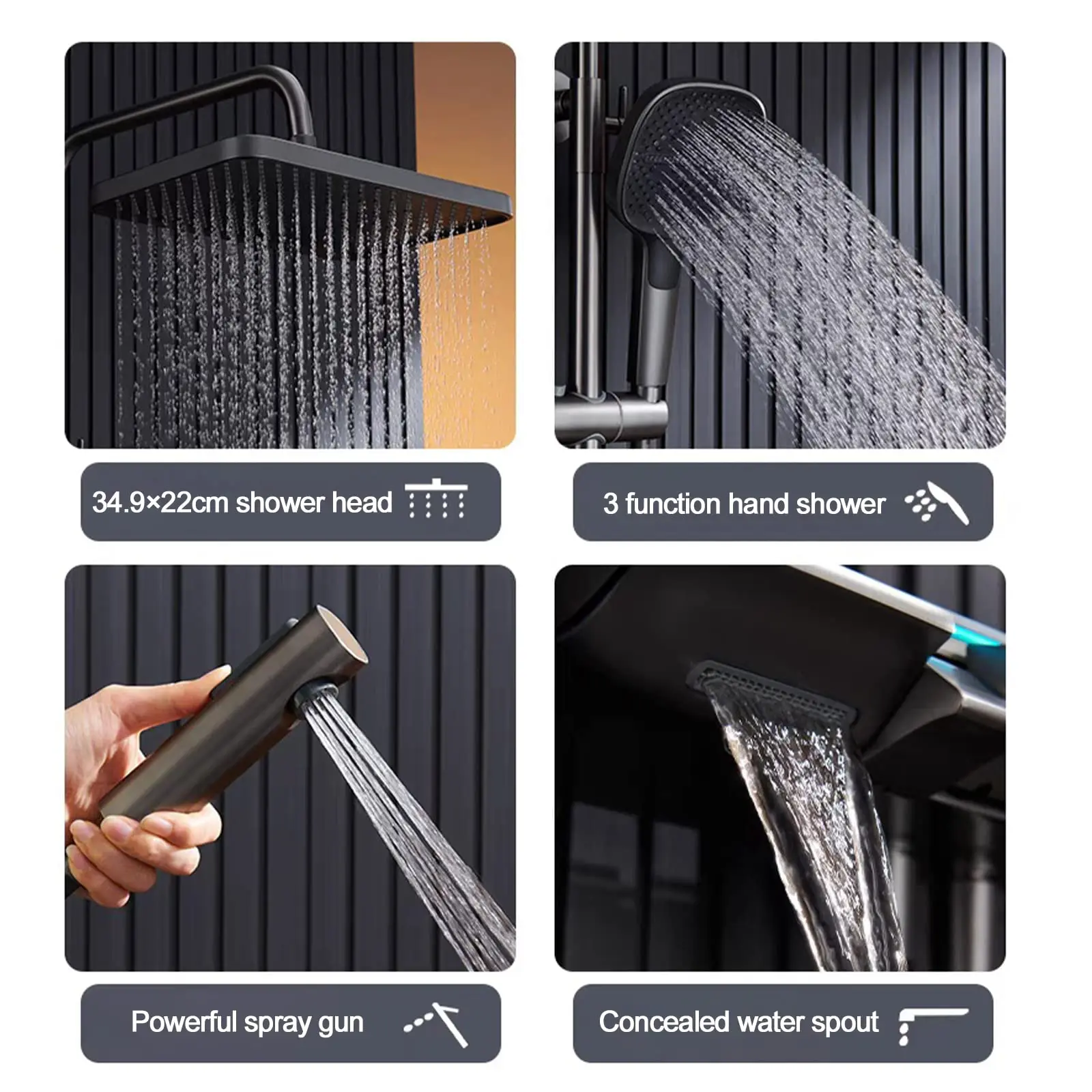 Sistema de ducha de baño de lluvia con pantalla Digital LED inteligente, juego de ducha termostática montado en la pared de latón gris con pistola