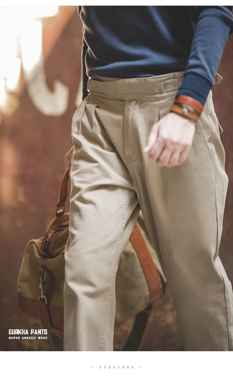 Maden Vintage Khaki Gurkha Hose, verstellbar, hohe Taille, lässige Cargo-Arbeitshose, klassische gerade Hose für Herren, Frühling und Herbst – Detail 16