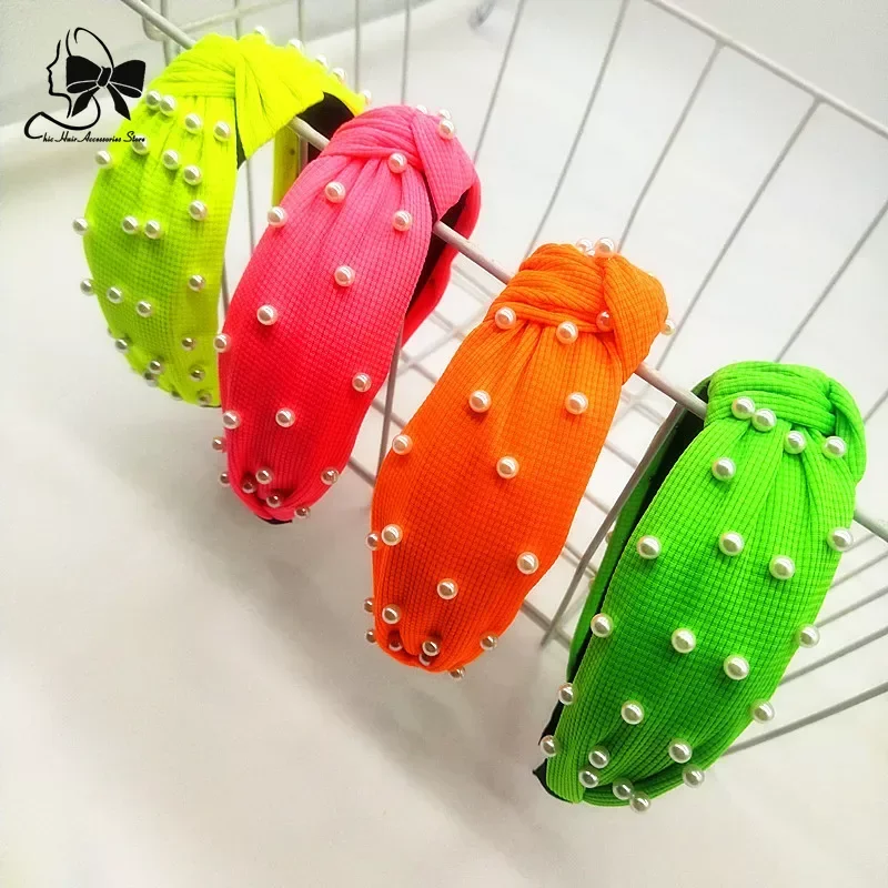 2024 Women Beads Hair Hoop Cotton Hair Bands Girls Neon Headband with Pearl Wide Hairband Candy Headwear Accessories