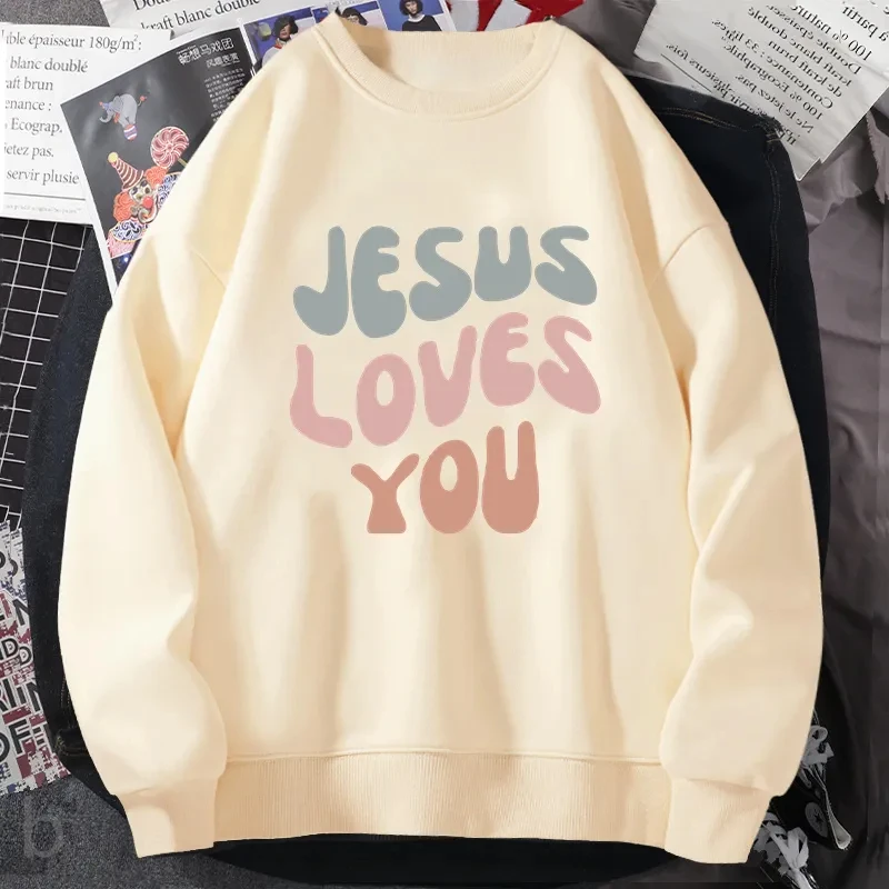 Jesus Loves You Letters Graphic Hoodie Christian Jesus Bible Verse Sweatshirt O Neck Comfort God Religious Faith Women Hoody