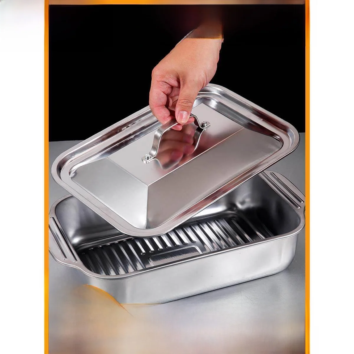 Stainless Steel Rectangular Fish Roasting Tray Cover Universal Pot Cover Dish Plate Basin Cover Longitudinal Matte Finish